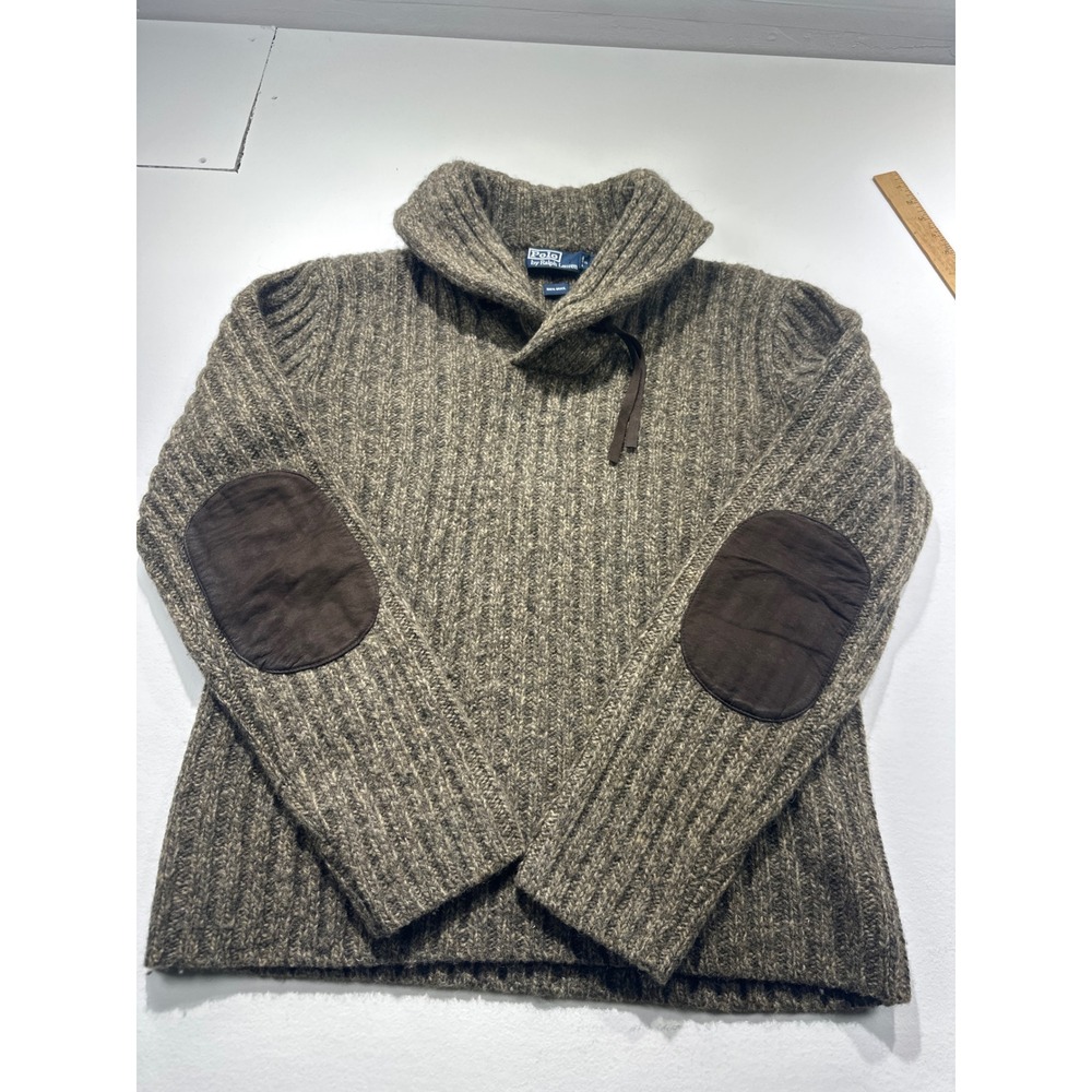 Polo Ralph Lauren Mens Wool Shawl Collar Sweater Elbow Patches Brown Marled L